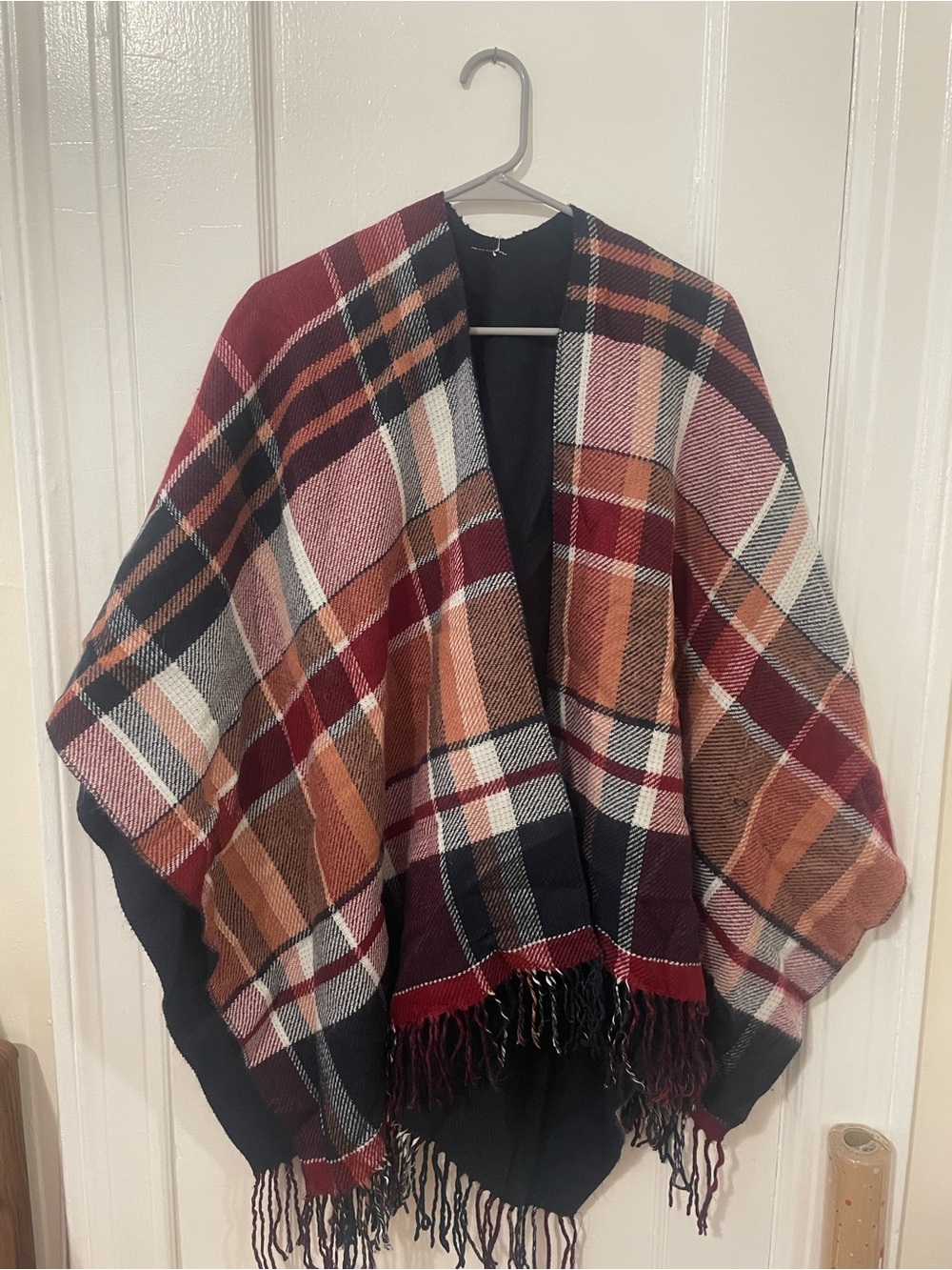 Christopher & Banks Burgundy Multi Plaid Fringe Cape